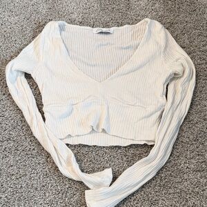 Emory Park Cream Ribbed V-Neck Crop Top